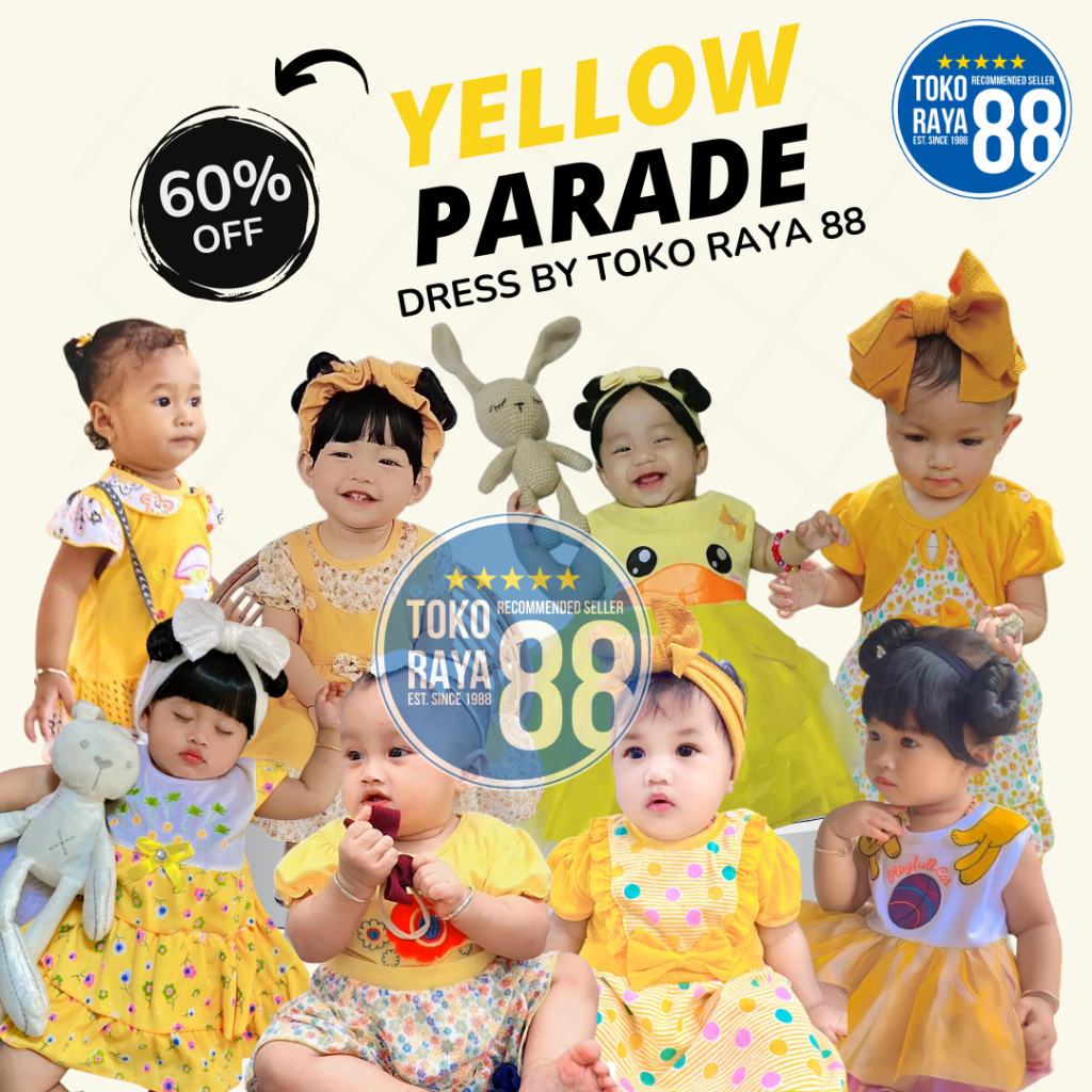 [YELLOW PARADE DRESS 01] TOKO RAYA 88, Setelan Dress Bayi 3-18 Bulan, Baju Anak Perempuan Murah Lucu