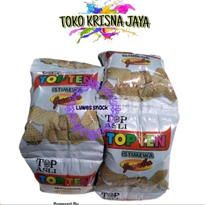 

SNACK JADUL TOP TEN ISTIMEWA JUMBO KEMASAN 1 RENCENG ISI 10 PCS X 8 GR