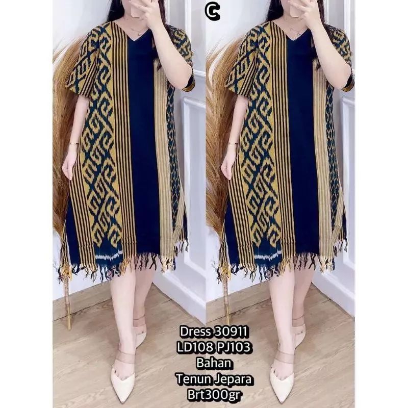 BAJU DRESS TENUN KOMBINASI RUMBAI MOTIF ETNIK