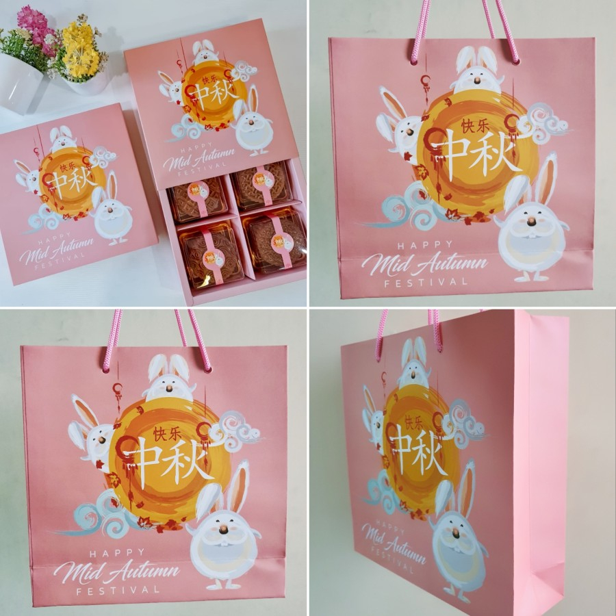 

5 pcs paket hemat box mooncake 100 gram sekat 4 paper bag motif pink rabbit premium quality laminasi doof