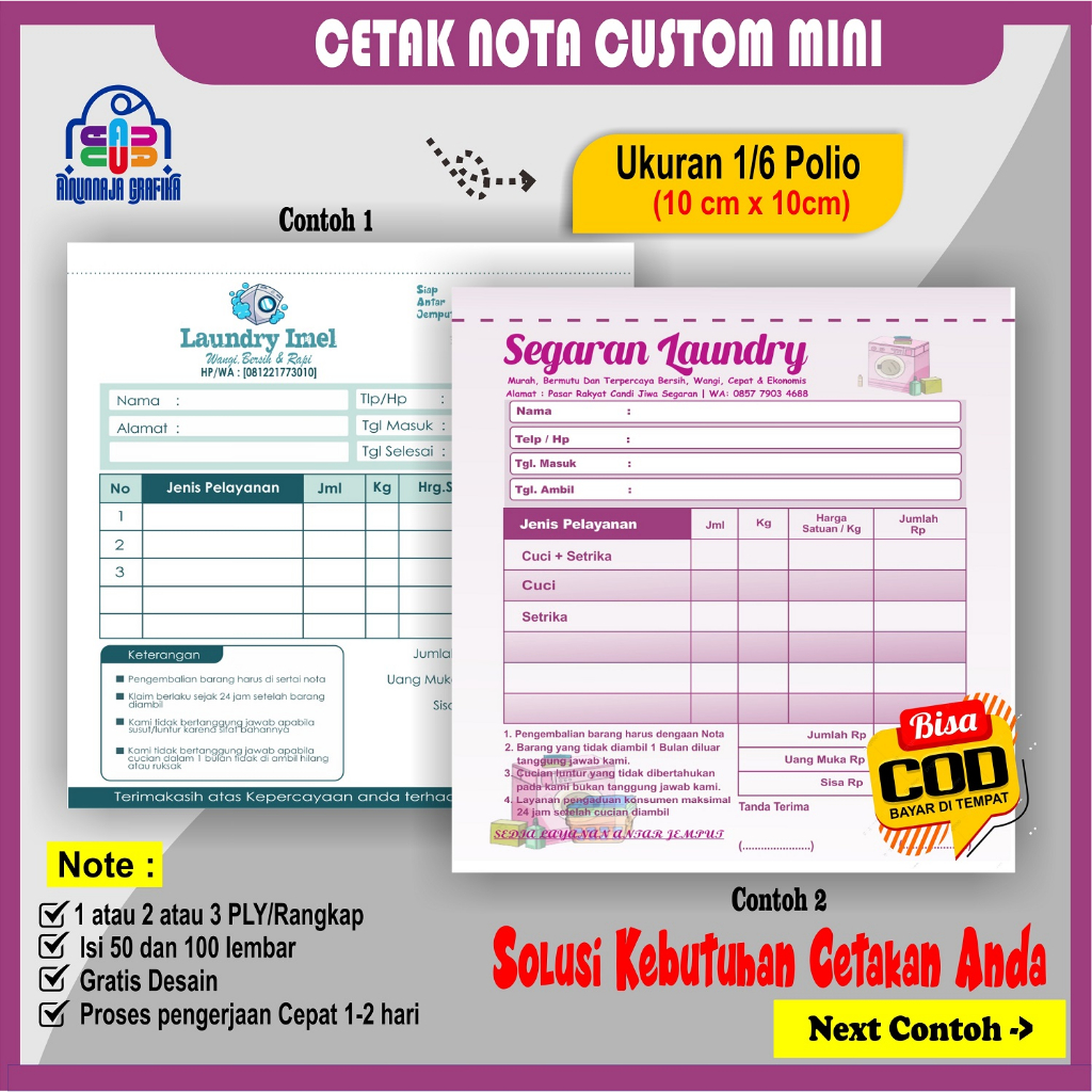 

CETAK NOTA LUANDRY CUSTUM PAKE NAMA SENDIRI UKURAN MINI 10X10 CM 1/2/3 PLY 50 DAN 100 LBR