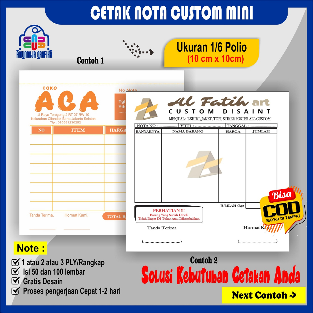 

cetak nota custom ukuran kecil 1 atau 2 atau 3 ply 50 lbr