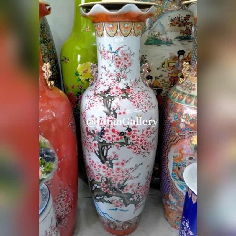 Guci Keramik - Motif Sakura Putih - Tinggi 48 inci = 120 cm - GRATIS Packing Kayu