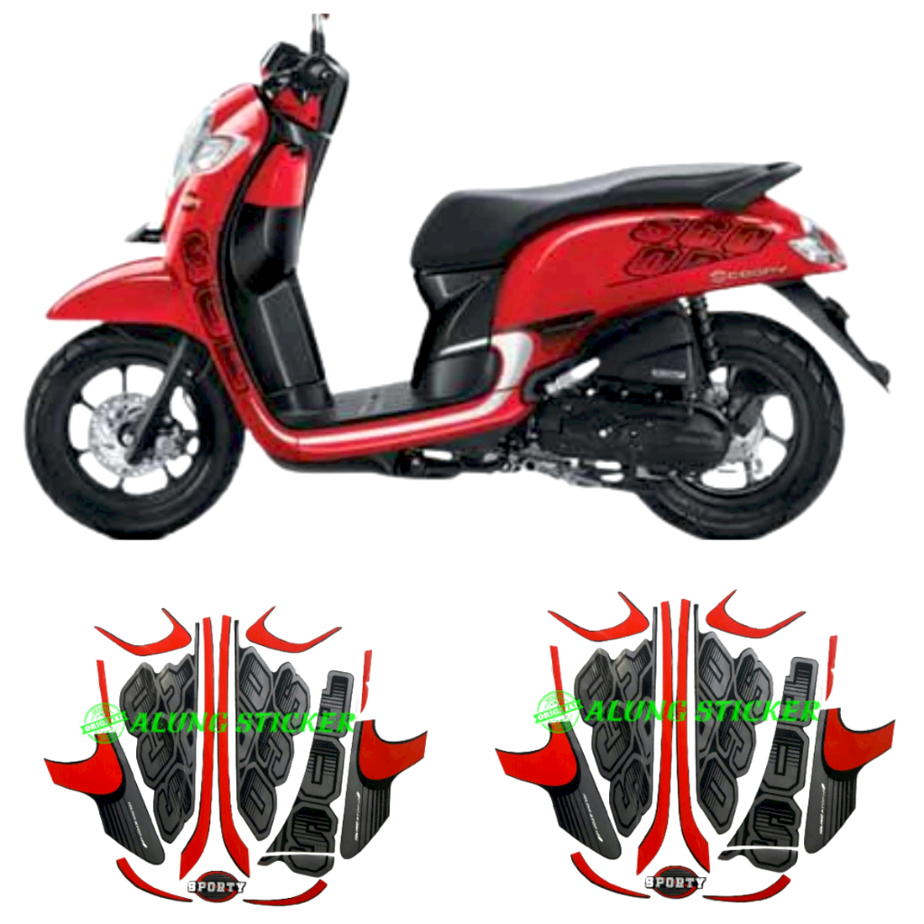 STIKER STRIPING LIS LES BODY MOTOR HONDA SCOOPY SPORTY TAHUN 2017 WARNA FULL HITAM MERAH STANDAR