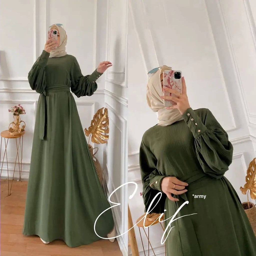 Gamis crinkle airflow Elif dress bo bahan crinkle airflow Ld 100 - 110 cm size L - XL Pakaian Wanita