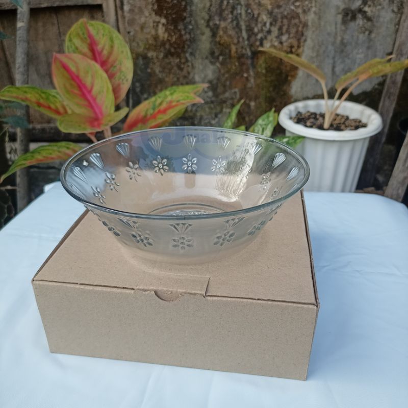 Mangkok Kaca Bening Beling Motif Bunga-bunga Diameter 19.5cm