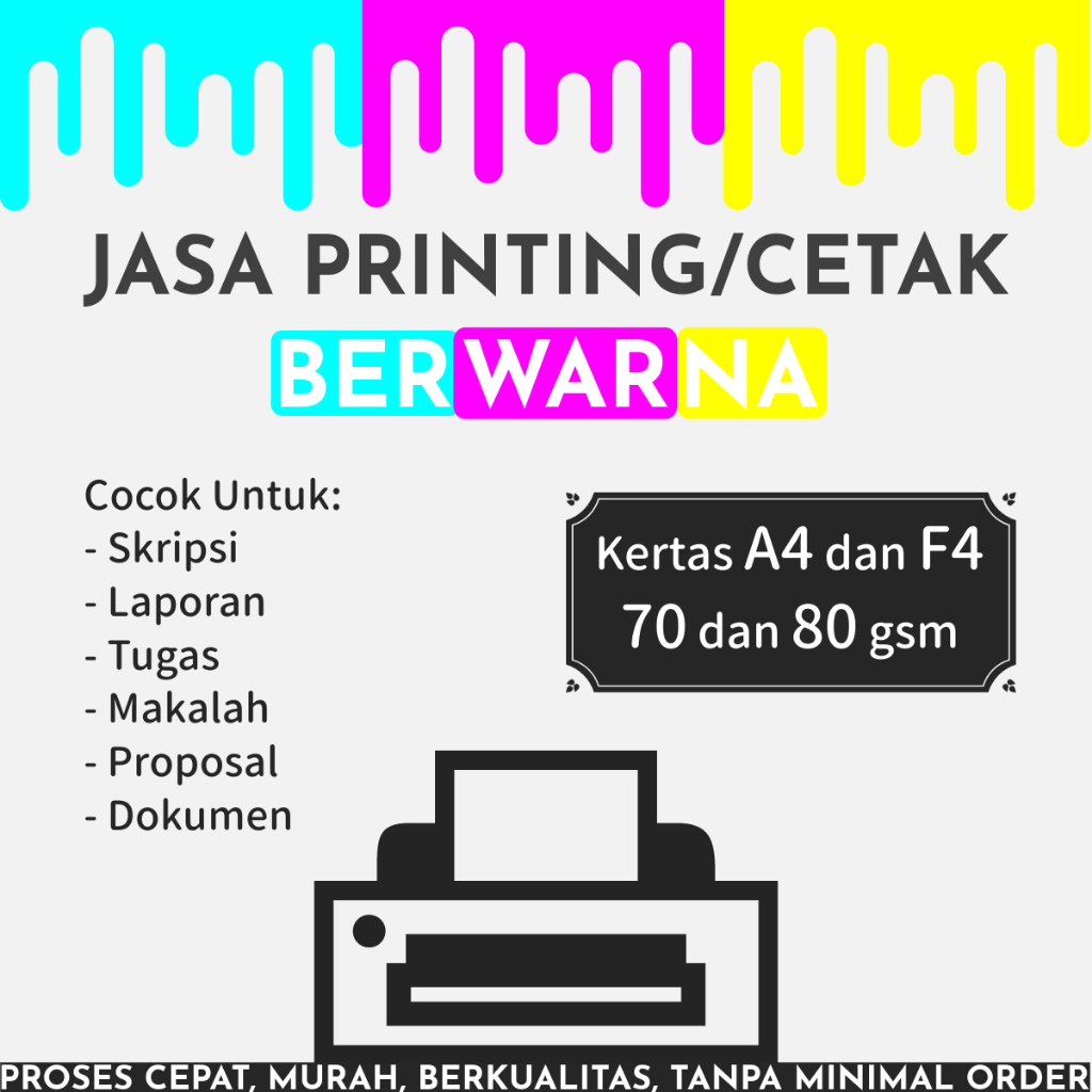Cetak/Print Berwarna Kertas A4/F4 Ketebalan 70/80 gsm