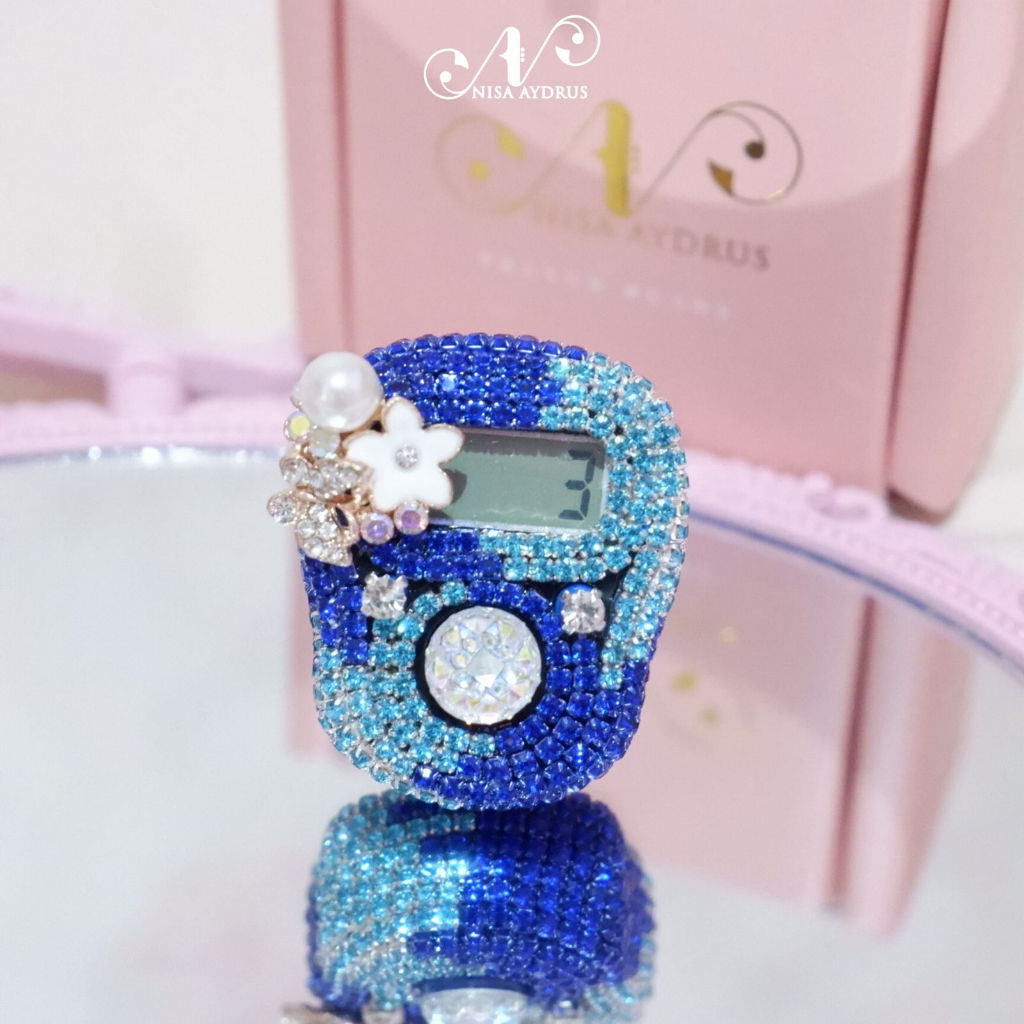 Nisa Aydrus With Box Exclusive - ALARM Mix New Navy Aqua Tasbih Digital Cantik Swarovski Premium Custom Nama