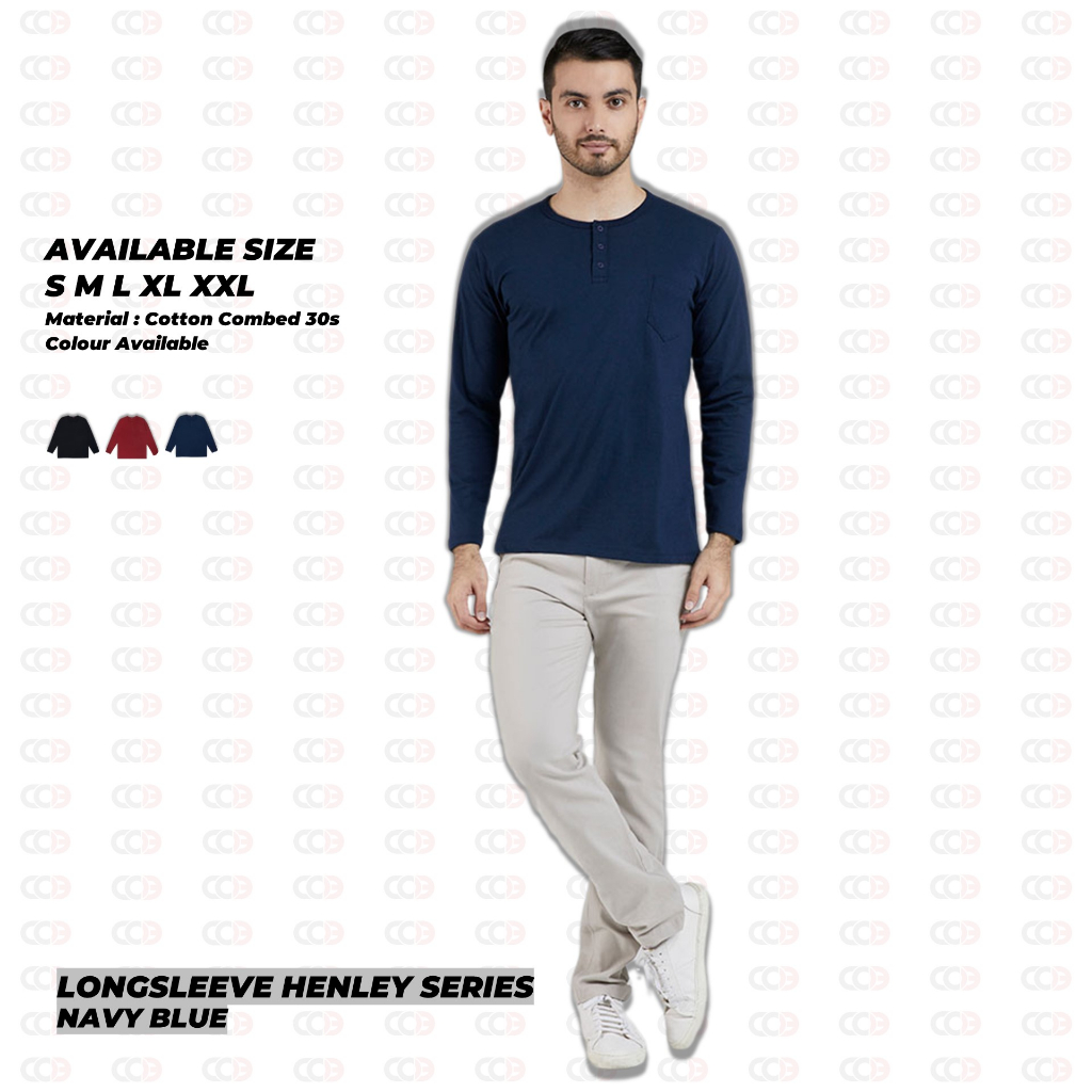 Kaos Polos Lengan Panjang Henley Navy Blue Cotton Combed 30s