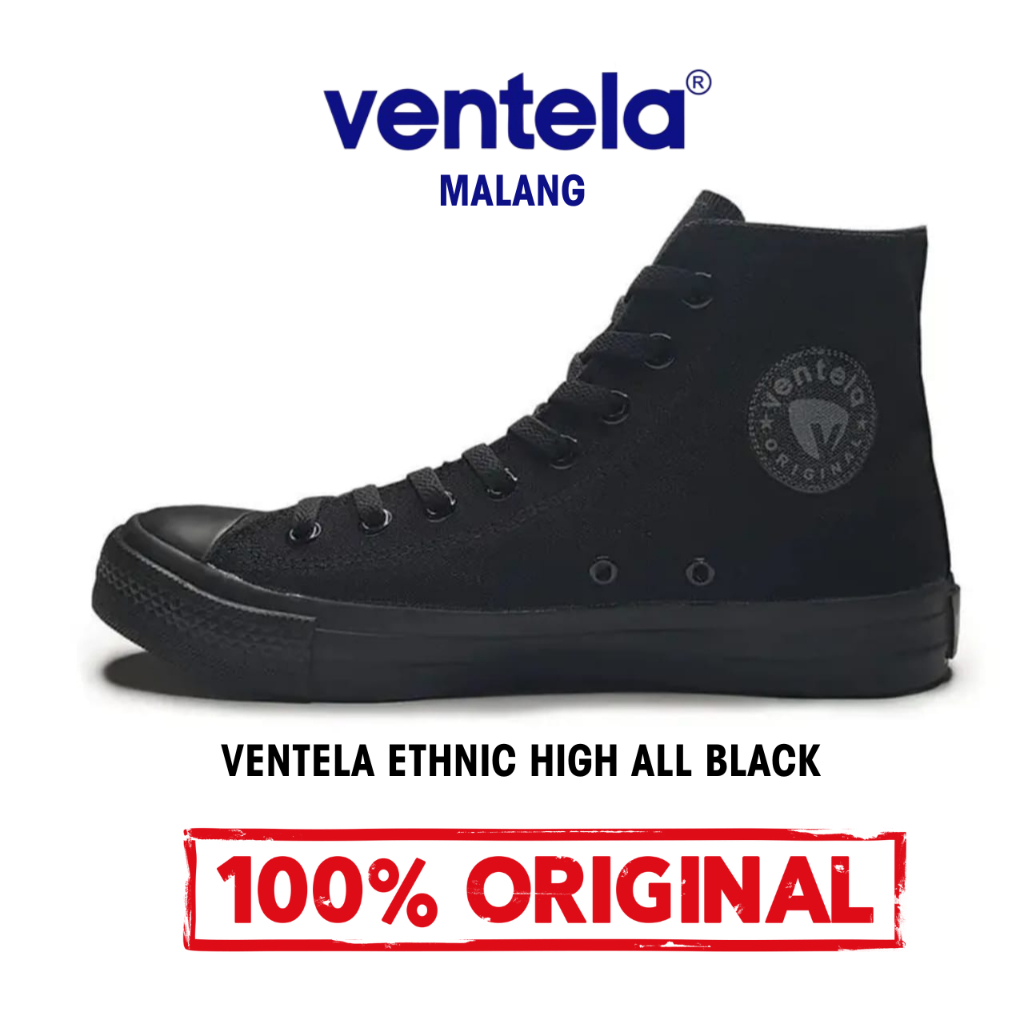 Sepatu Ventela Ethnic High All black Original 100% Sepatu Sekolah Full Hitam Polos