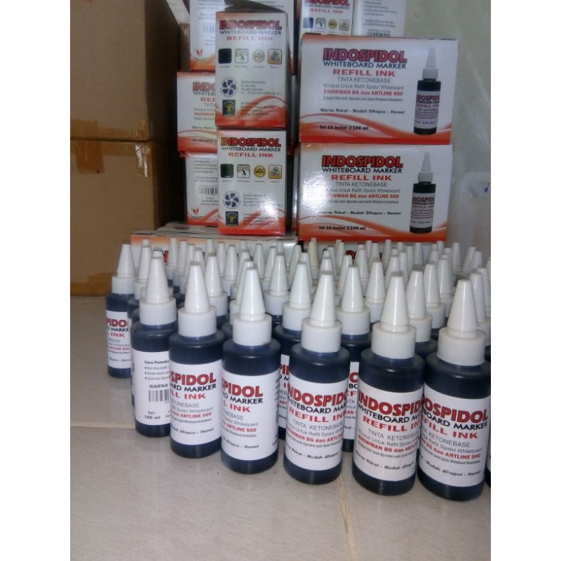 

TINTA SPIDOL whiteboard INDOSPIDOL( 10 btl/pak @ 100ml ) warna hitam mudah dihapus