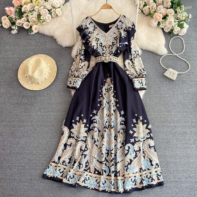 Ozora Dress Belt Floral Vintage Mewah Elegant Classy Floral Geometri Print Long Hijab Gaun Cantik Ma