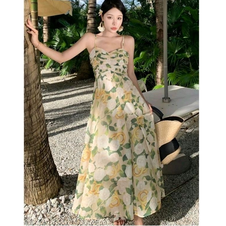 03340 Baju Mididress FLORAL CAMISOLE MIDI DRESS tanpa lengan lekbong motif bunga flower kuning dres 