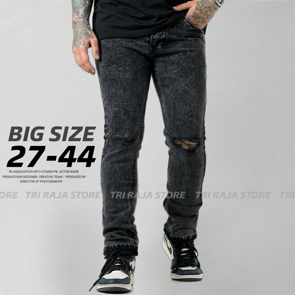 BIG SIZE 27-44 Celana Jeans Sandwash Hitam Sobek Lutut Pria Ukuran Jumbo Stretch ( melar )/Celana So