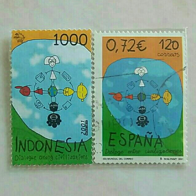 

(AC) Perangko Indonesia & Spanyol 2001 Hari Pos Sedunia - United Nations Year of Dialogue among Civilizations Set 2pcs Used