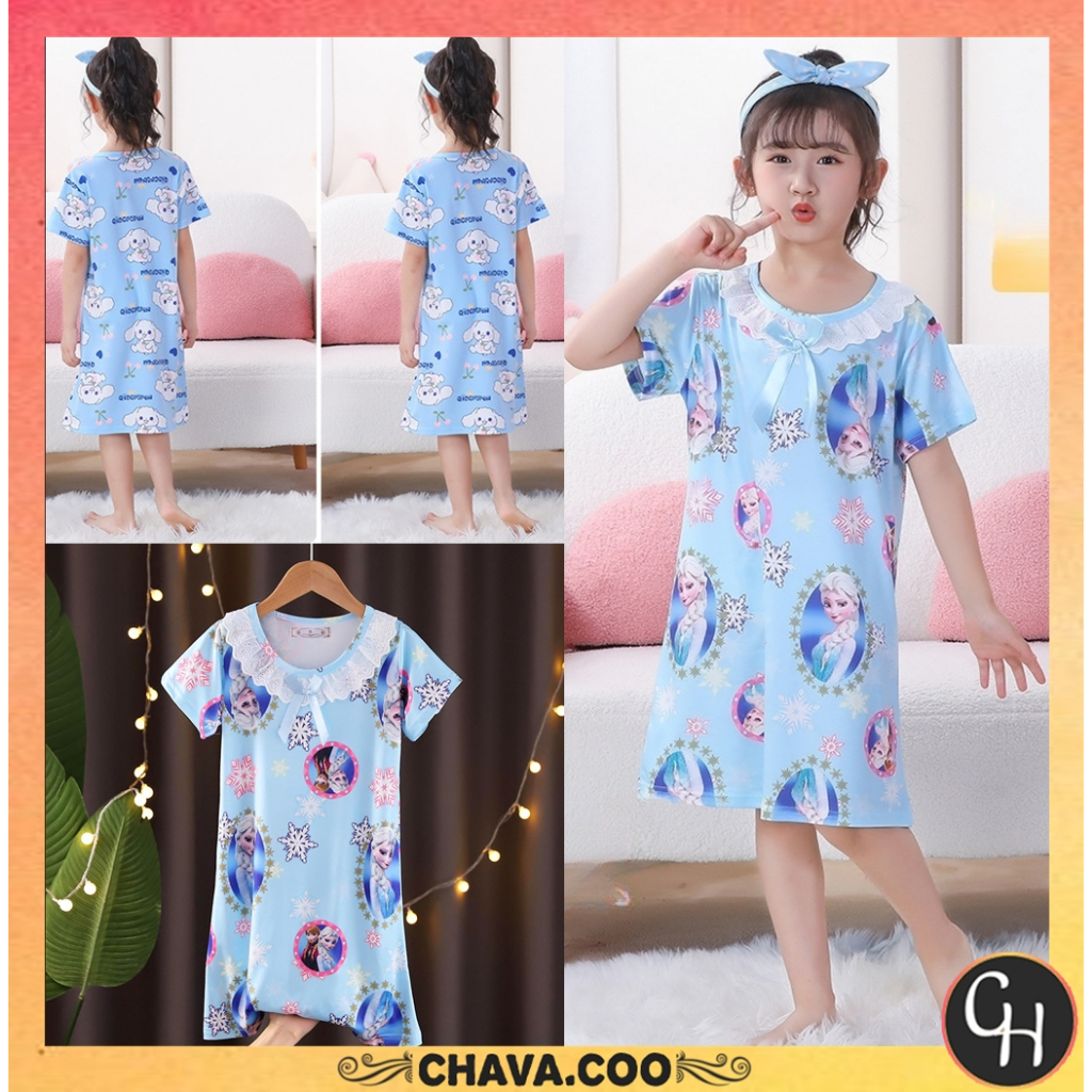 CHAVA | BT1357 Baju Tidur Daster Anak Perempuan Lengan Pendek Motif Kartun Lucu Import