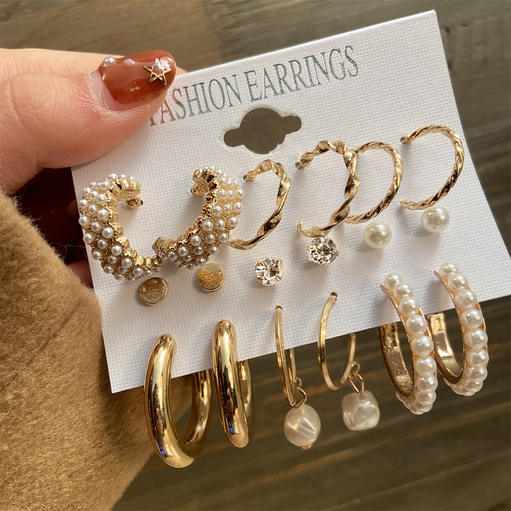 Anting Wanita Earrings 9 Set Hias Mutiara Anting Kreatif Retro Emas Manik McQueen Accessories Indone