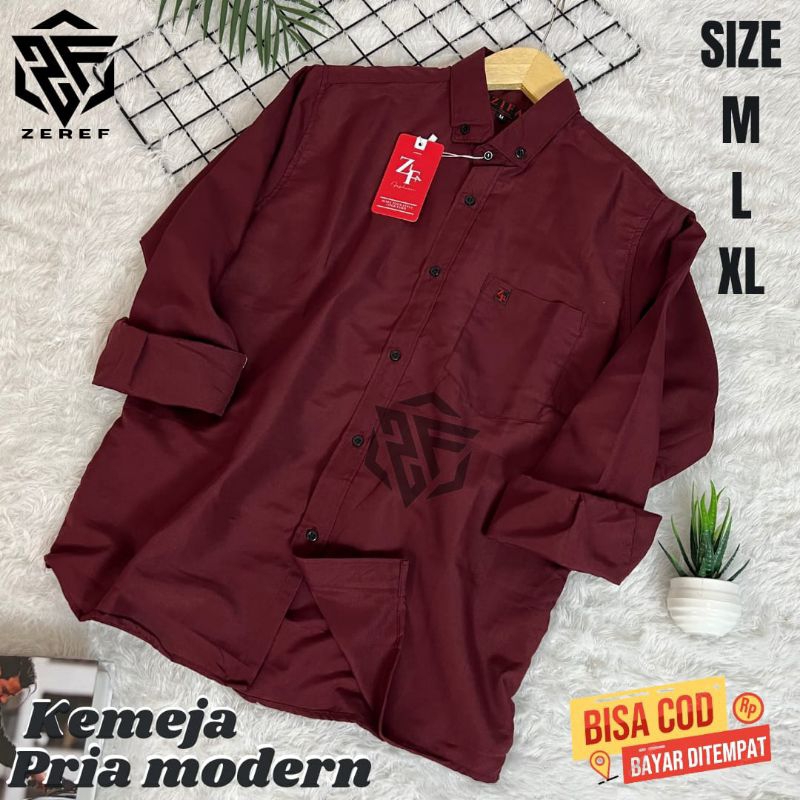 Baju Kemeja Lengan Panjang Pria Polos Pakaian Hem Kemeja Cowok Merah Maroon Model Terbaru Trend Keki