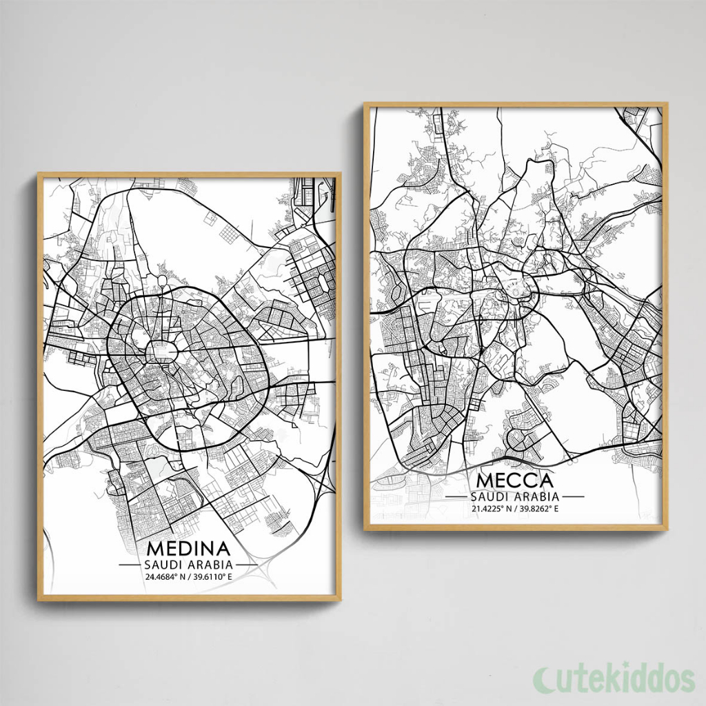 Pajangan Peta Mekah Madinah Hiasan Dinding City Map Art Mecca Medina Wall Decor