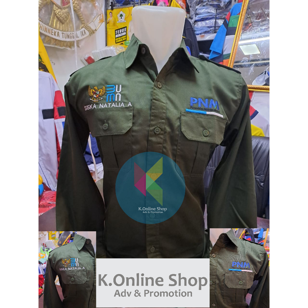 kemeja bumn pnm seragam bumn pnm baju bumn pnm hijau army lengan panjang