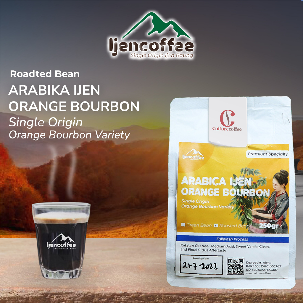 

biji kopi arabica orange bourbon ijen raung 250gr bubuk halus / kopi arabica orange bourbon ijen raung bubuk halus fullwash proses Grade A - Ijen Coffee