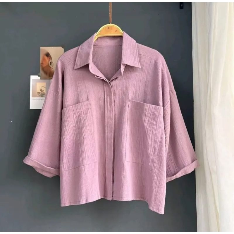 Kemeja Oversize Linen Crinkle Cozie Corp Linen Crinkle 2 Poket terbaru