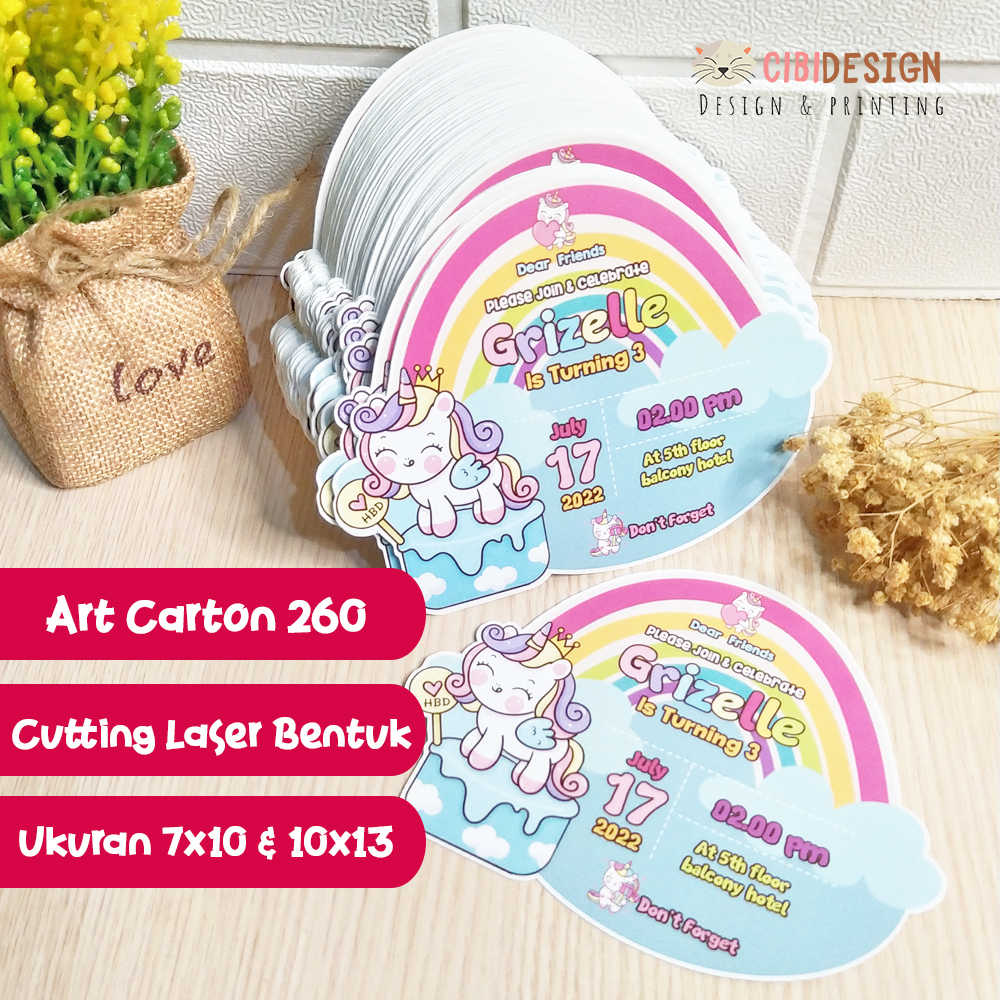 Kartu Undangan Ultah Custom / Ulang Tahun / Birthday Invitation Unicorn Murah Lucu Unik Cutting Lase