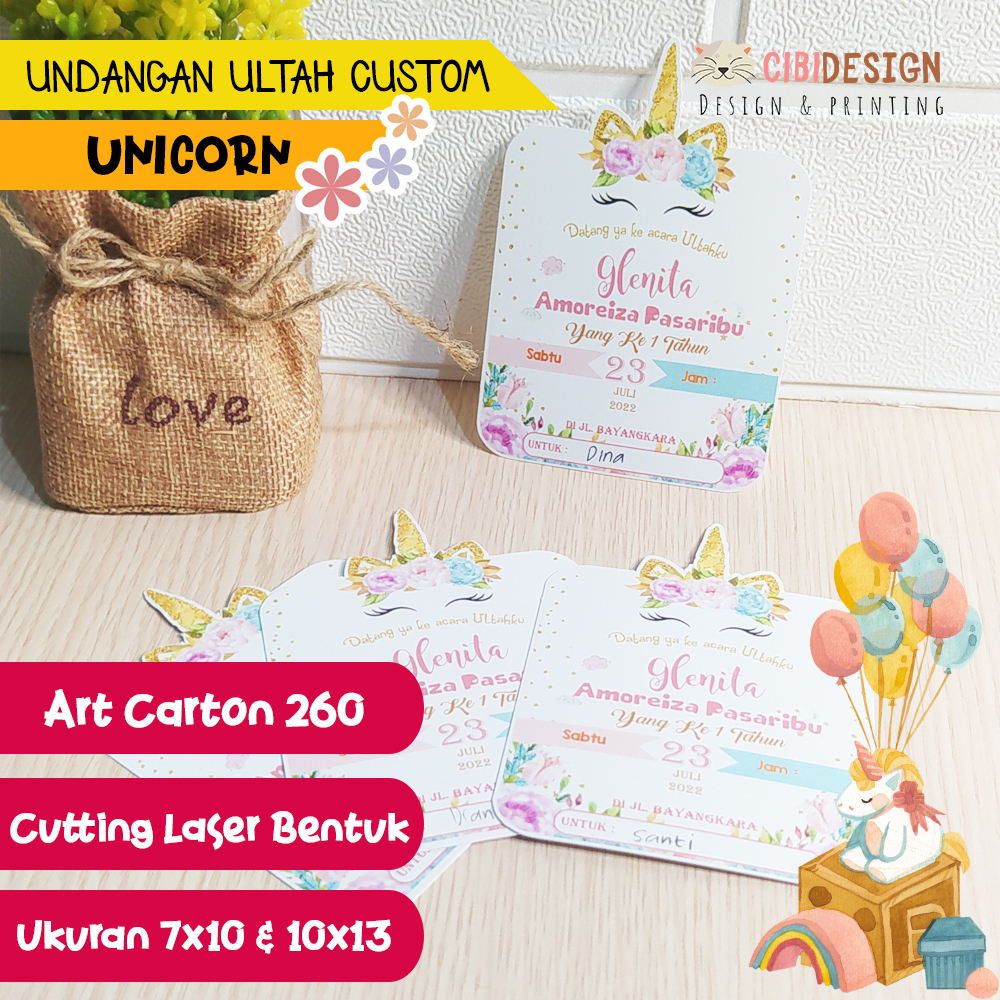 Kartu Undangan Ulang Tahun / Ultah anak / Birthday Invitation / custom Lucu Unik Cutting Unicorn2