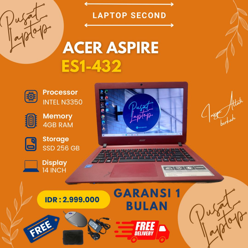 LAPTOP SECOND ACER ASPIRE ES1-432  | INTEL N3350  | 4GB RAM | 256GB SSD |  BERGARANSI