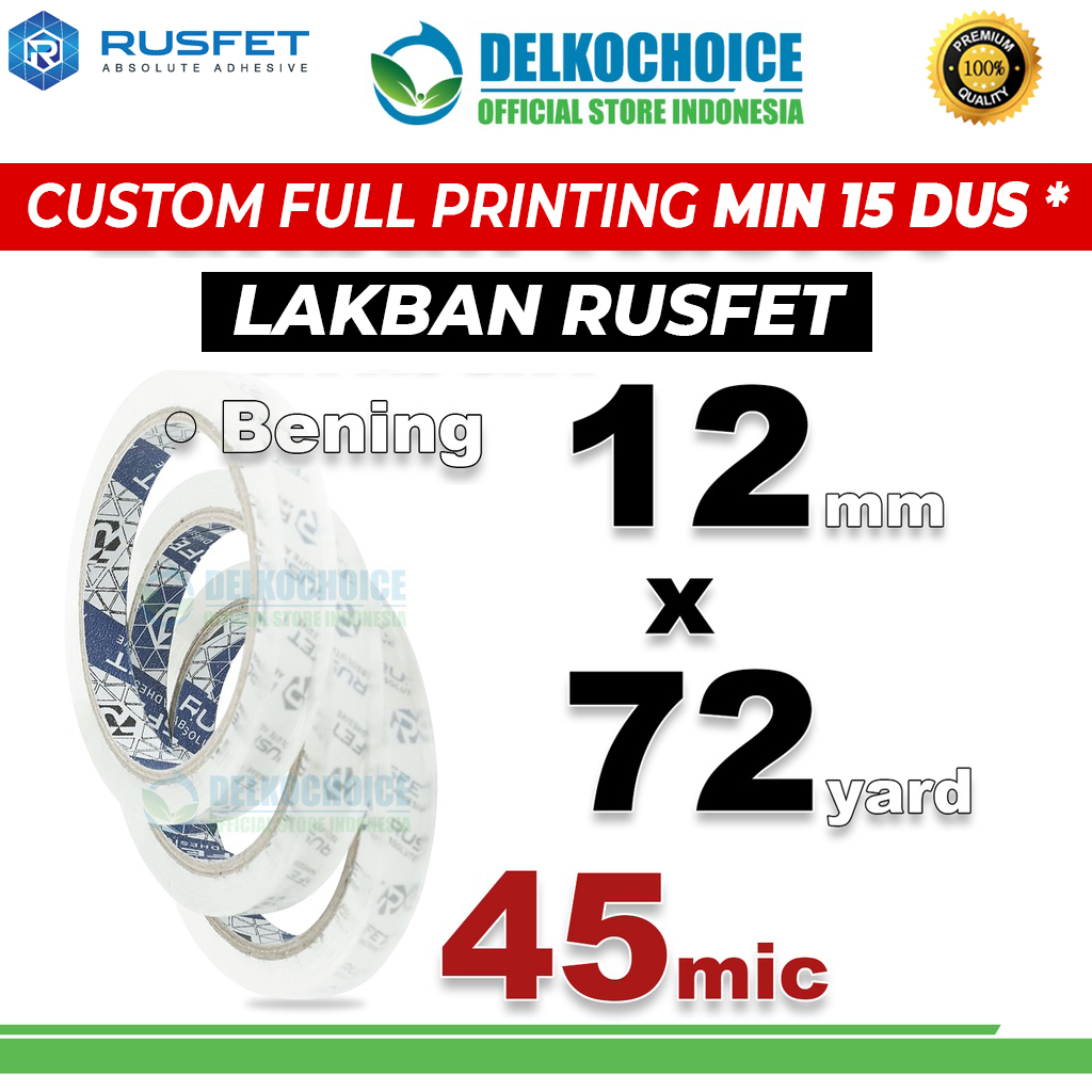 

Lakban 12mm x 72yard Plakban Isolasi RUSFET OPP Tape PREMIUM TERMURAH / SATUAN