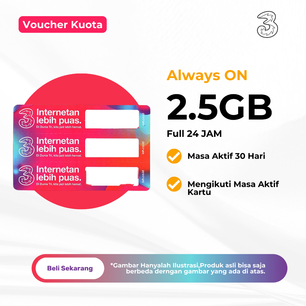 Voucher Kuota Tri AON 2.5GB Always ON 30 Hari - Paket Data Tri AON 2.5GB - Voucher Kuota Three