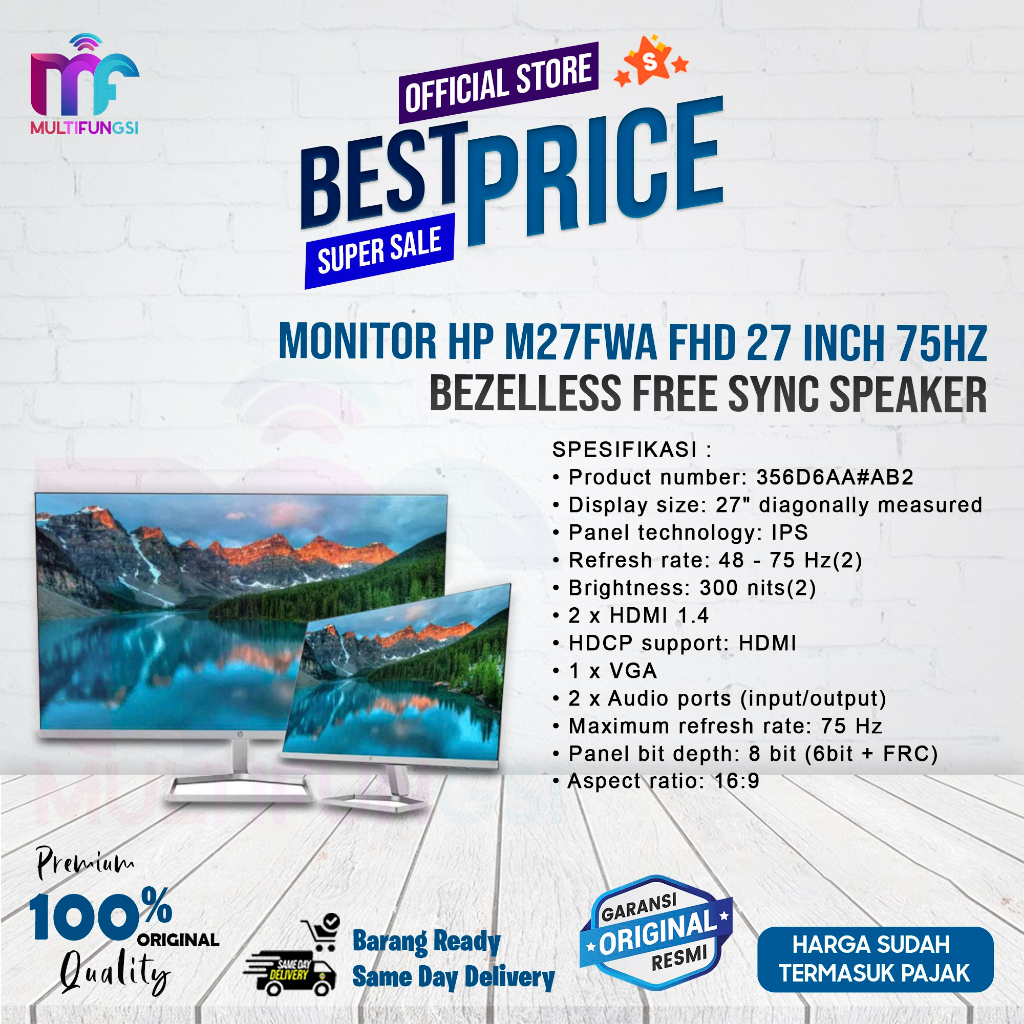Monitor HP M27fwa FHD 27 inch 75Hz Bezelless Free Sync Speaker