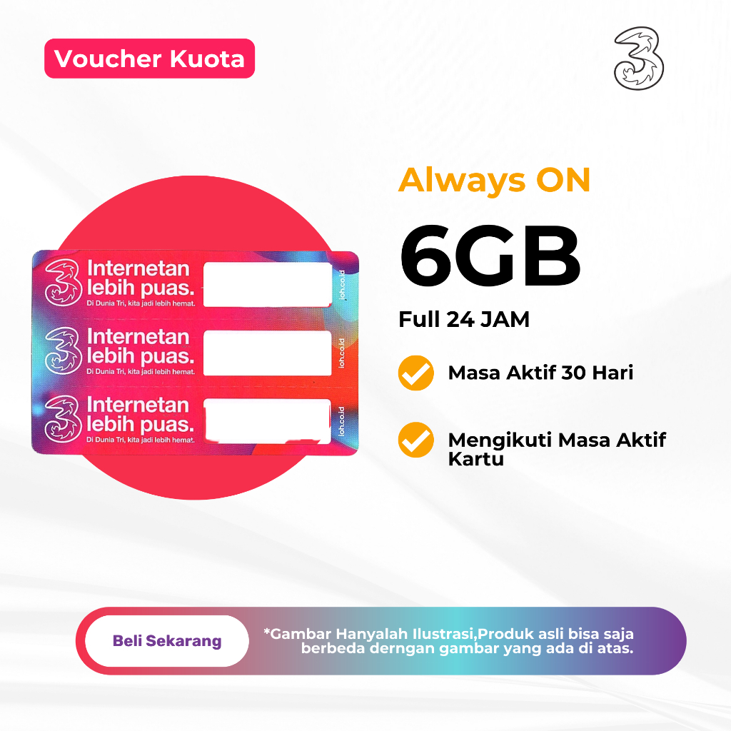 Voucher Kuota Tri AON 6GB 30 Hari Always ON Full 24 JAM - Paket Data Tri AON - Voucher Kuota Three M