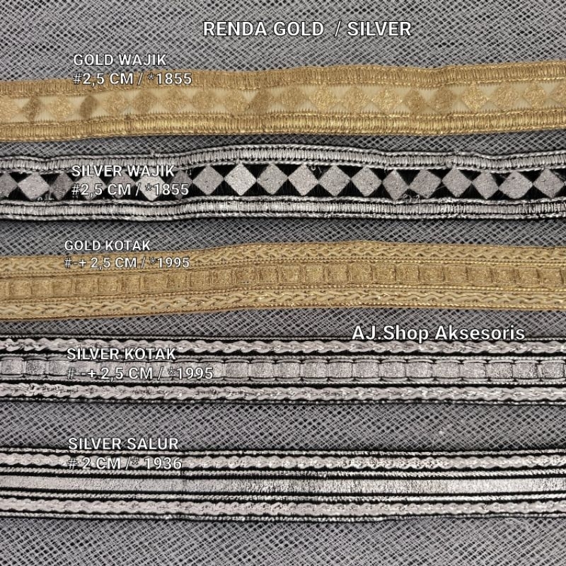 RB renda india emas perak / renda bordir gold silver motif tengah lebar 2,5 CM isi 10 yard