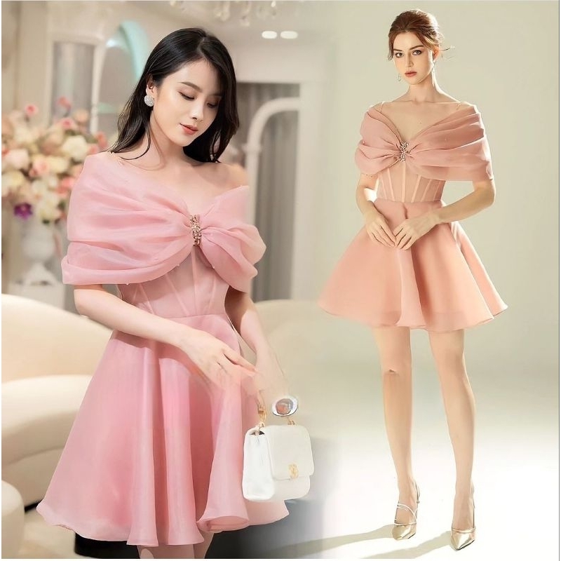 sabrina bow rose pink mini flare dress pendek pita sabrina big bow cantik elegant princess acara pes
