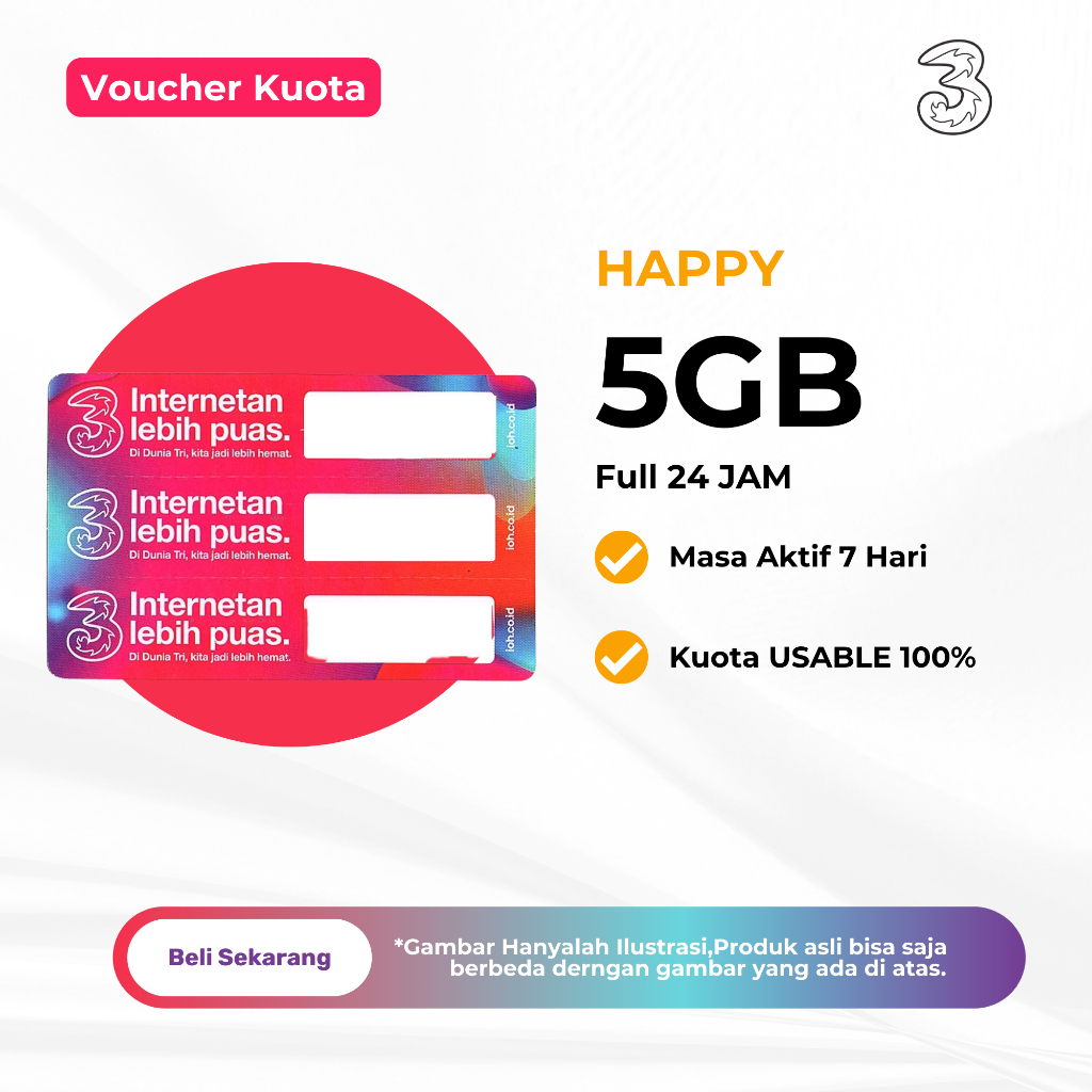 Voucher Kuota Tri Happy 5GB 7 Hari Full 24 JAM - Paket Data Tri Happy - Paket Data Tri Harian Murah 