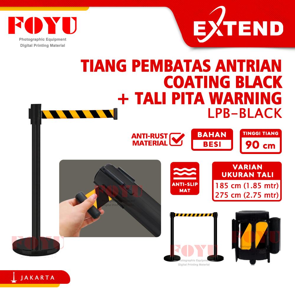 

Tiang Pembatas Antrian Antrean Coating Black Stainless Hitam Besi Queue Que Police Line Pole Pita Motif Warning Railing Stand 2 3 meter Extend LPB-Black