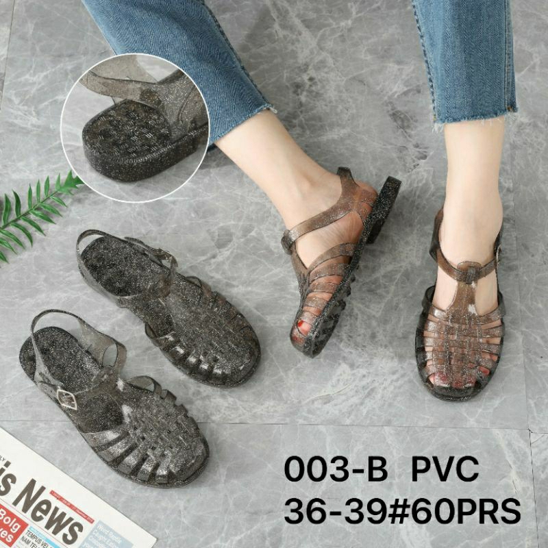 003 Original Sandal Sepatu Balance Selop Tali Belakang Transparan Gliter Wanita Terbaru Karet Jelly 