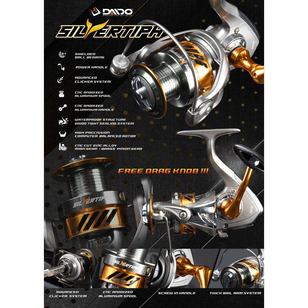 REEL DAIDO SILVER TIPH 7 BEARING ALUMUNIUM SPOOL 1000 SAMPAI 6000 POWER HANDLE