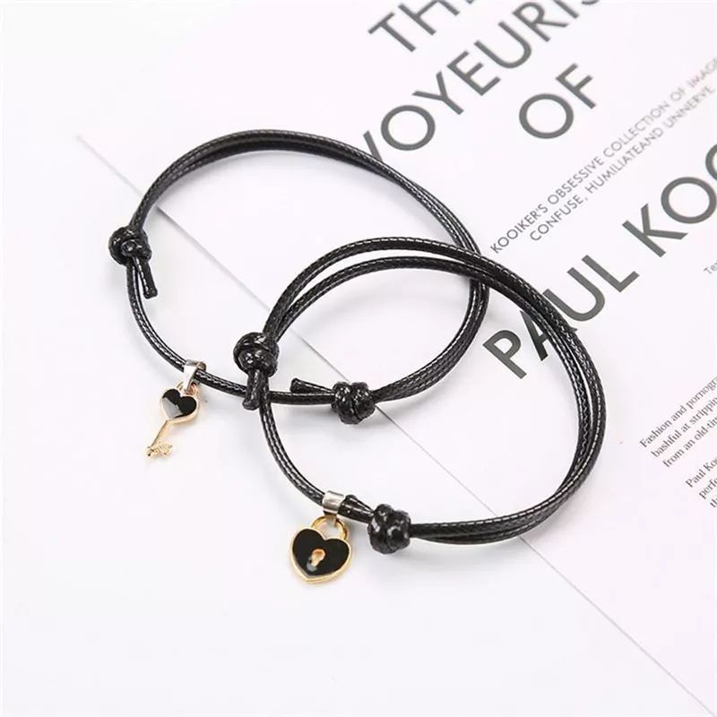 ( diolyn.id ) 2pcs Gelang GEMBOK KUNCI Hitam Pink | Gelang pasangan / persahabatan | gelang couple l