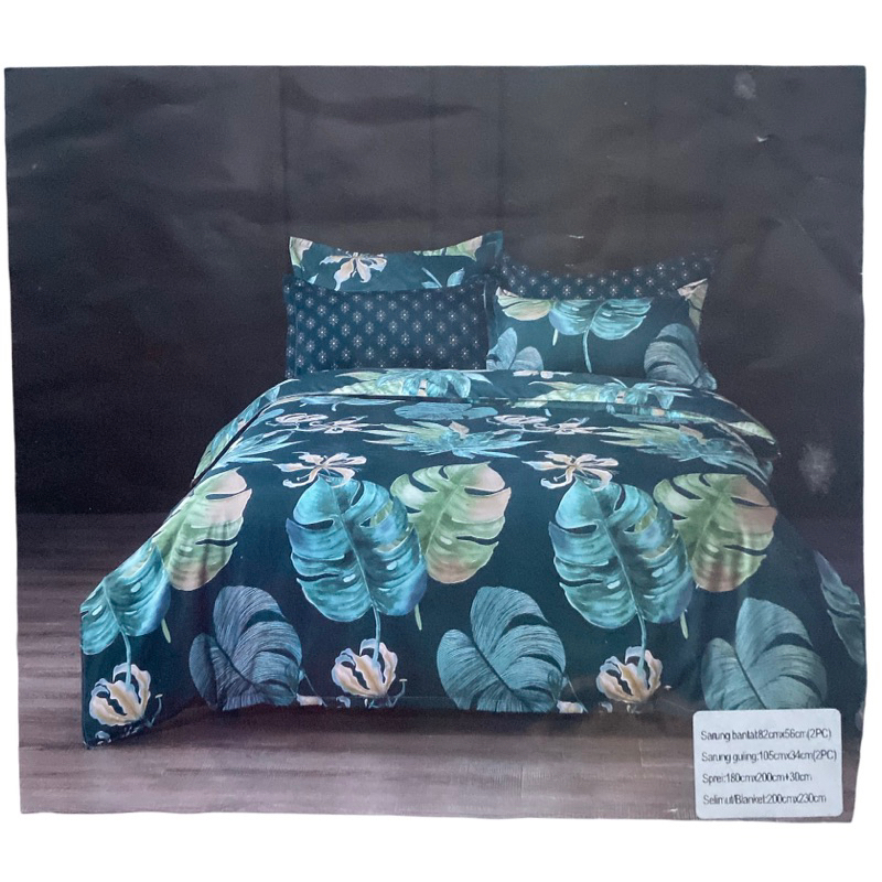 BEDCOVER SET MOTIF DAUN HIJAU BESAR / BEDCOVER + SPREI