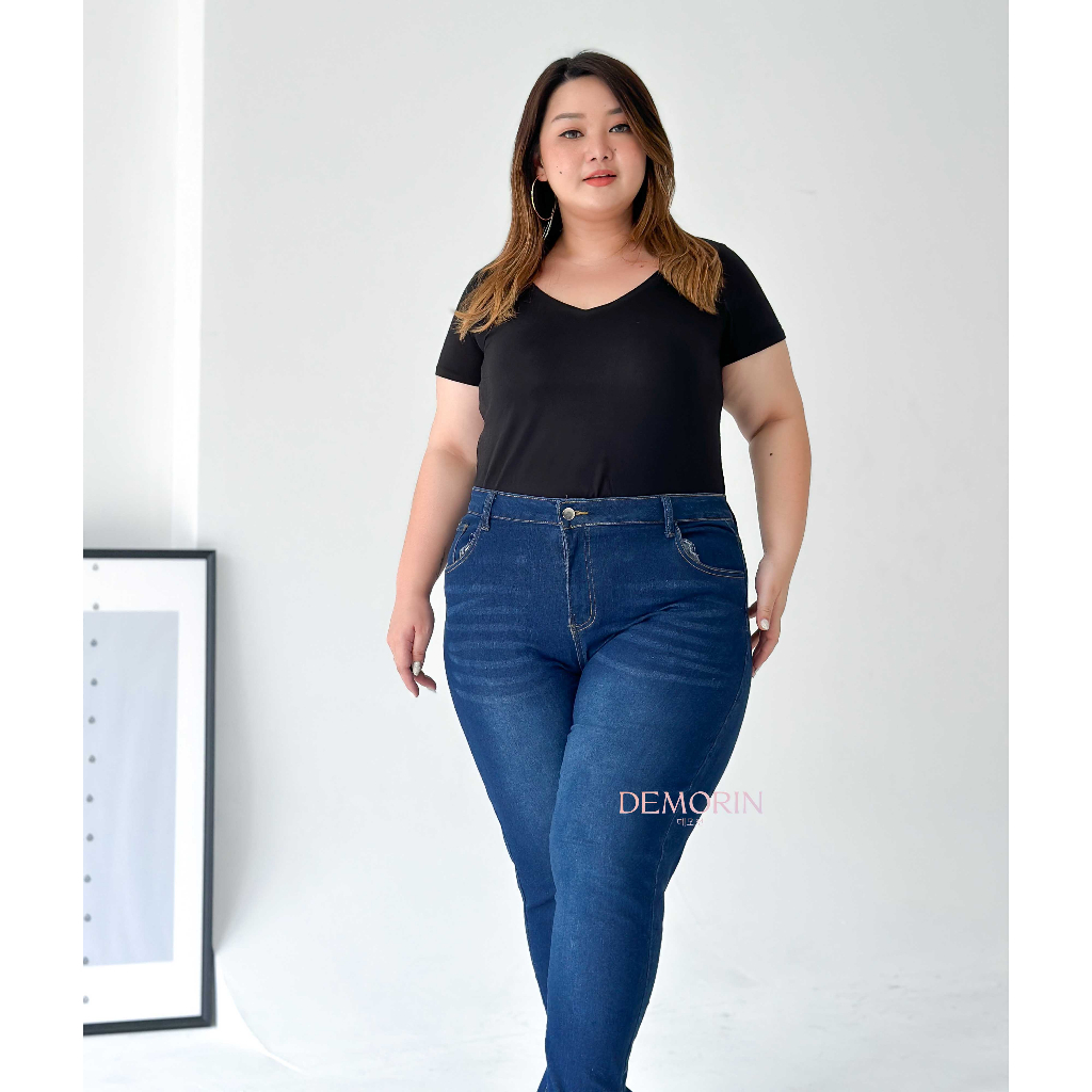 DEMORIN - Celana Jeans Wanita Highwaist Skinny Straight Kekinian - x07 Plus Size