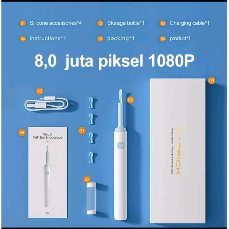 Korek kuping dengan kamera 1080p dan lampu (korek kuping anak, dewasa) korek kuping LED smart Pember