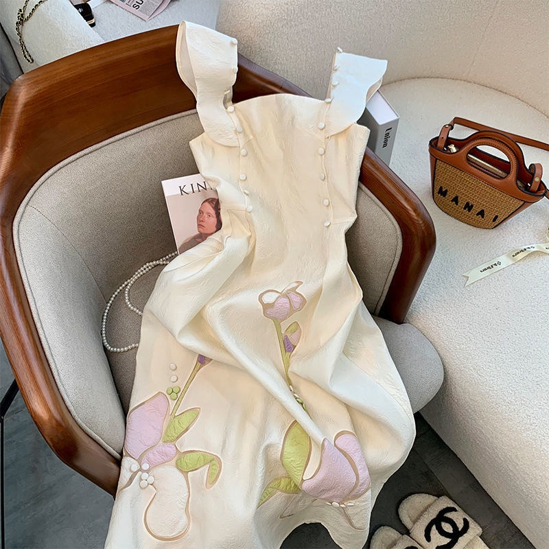 FW23-19805 Terusan Wanita. Women's Fashion Flower Print Flying Sleeveless Dress