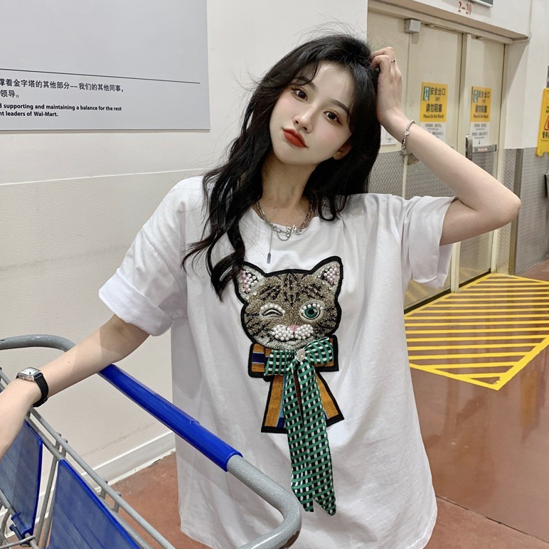 yikoo-T-shirt Korea kaos oversize katun bordir tebal atasan wanita