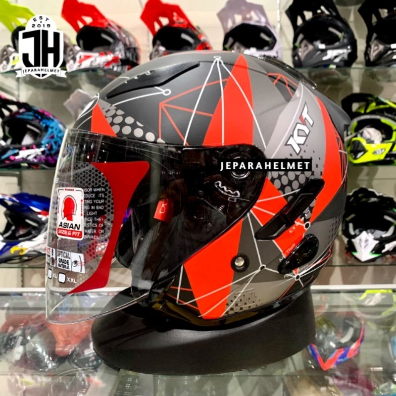 Helm Half Face KYT Galaxy Flat R Motif Double Visor Metrik Metriks Black Red Fluo Doff | KYT Galaxy 