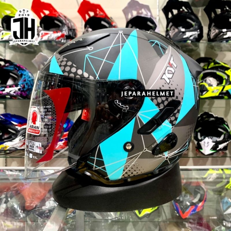 Helm Half Face KYT Galaxy Flat R Motif Double Visor Metrik Metriks Black Aqua Blue Doff | KYT Galaxy