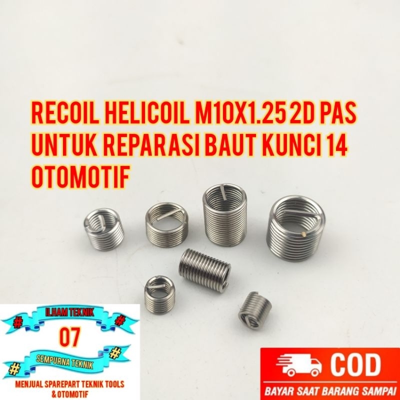 10pcs recoil helicoil m10x1.25 2D pas untuk reparasi baut kunci 14 otomotif