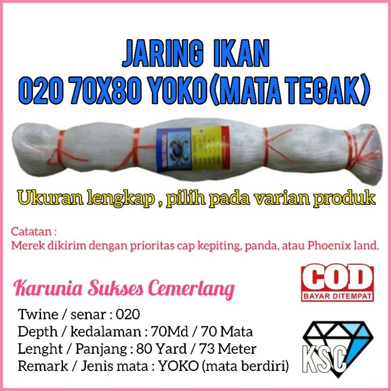 JARING IKAN 020 70X80 YOKO (MATA TEGAK) JARING SENAR 020 / JARING IKAN KEPITING / JARING IKAN KECIL 