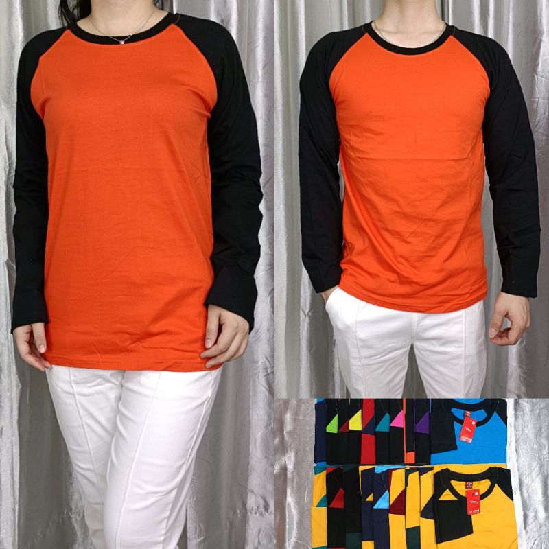 Kaos reglan polos OREN-HITAM lengan panjang uk M L XL XXL
